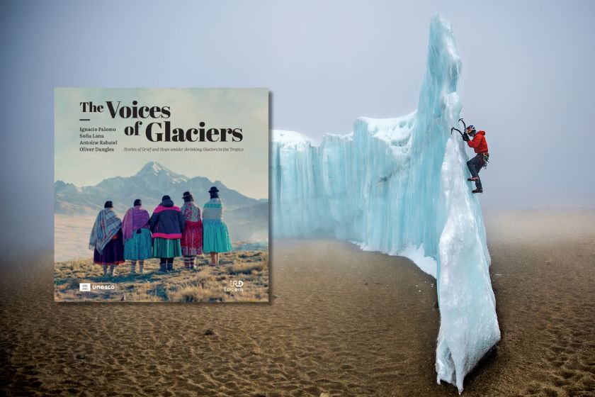 Photo d'un homme escaladant la glace et couverture du livre "The voice of glaciers". Crédit Christian Pondella