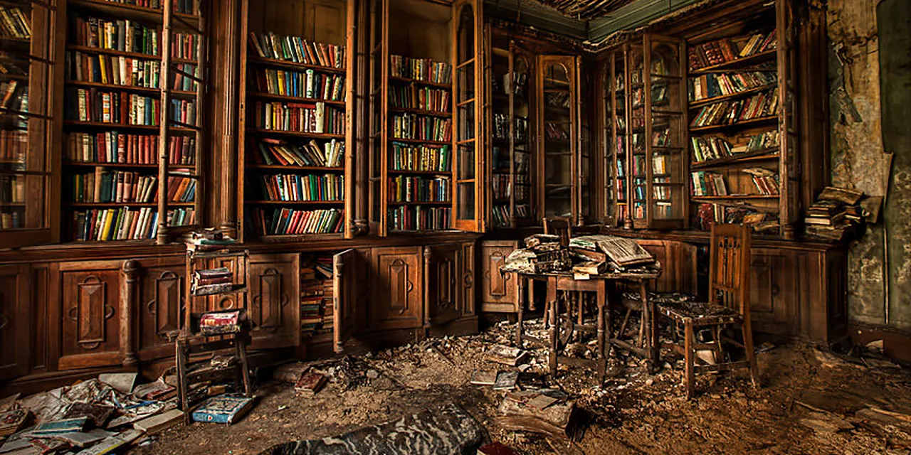 Photo d'une bibliothèque en ruine.