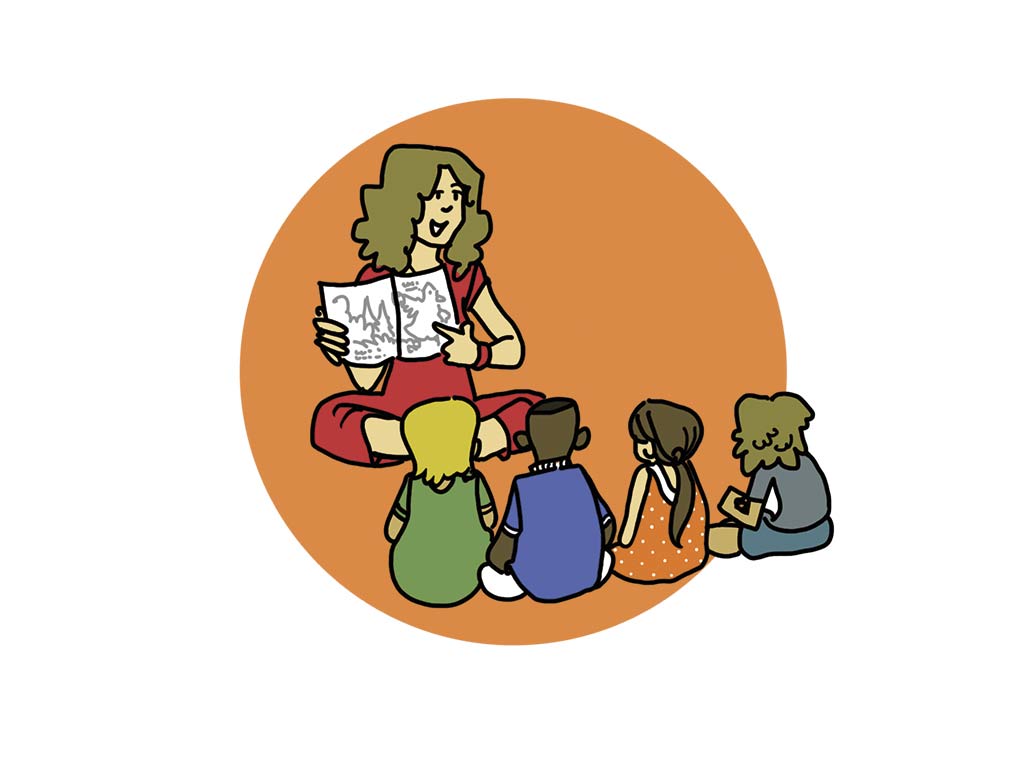 Illustration d'une bibliothécaire montrant un livre à des enfants.