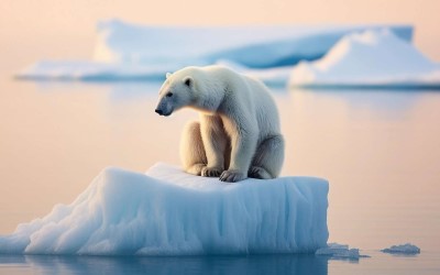 Un ours polaire est isolé sur un iceberg au milieu de l'océan.