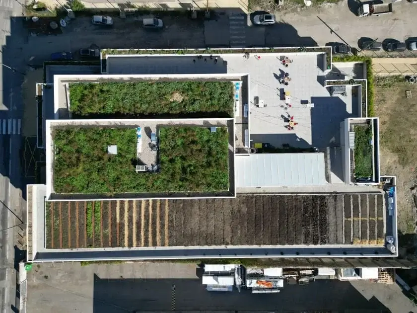 Agriculture urbaine et espace de restauration sur le toit du parking au 15 rue Gustave-Flaubert.